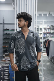 Mens Daily Wear LEAF Printed Five Sleeve Lycra Shirt - Grey-Shirt-7 Man